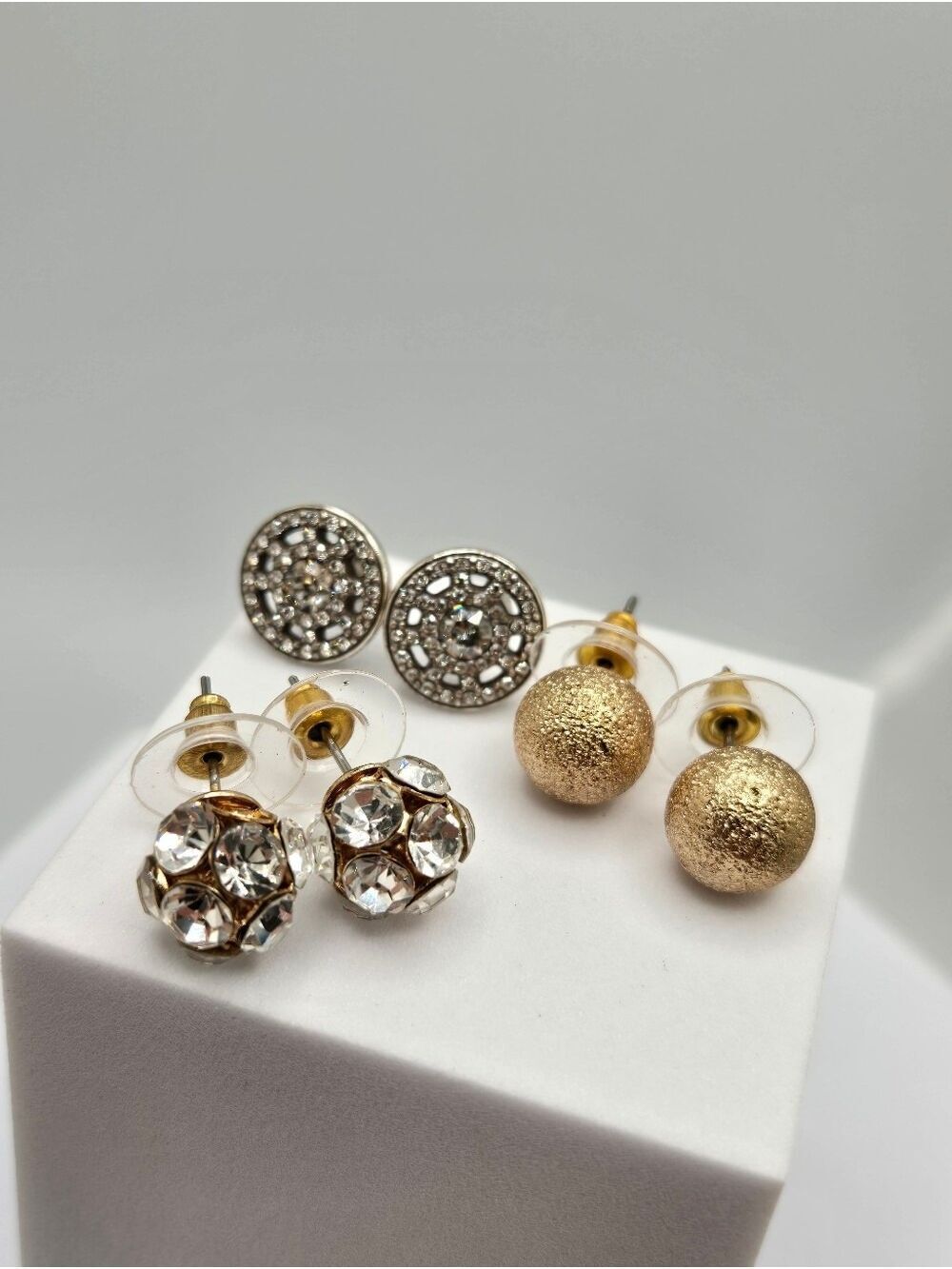 3 Pair Stud Earring Set Gold Ball Crystal Disco Ball Pavé Earrings New